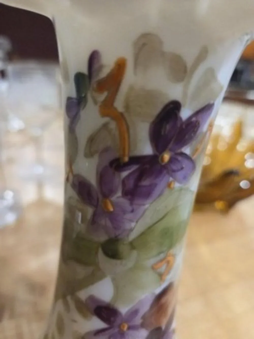 Antique Victorian Bristol Glass Vase, Hand-Painted, Ruffled Top, Rough Pontil